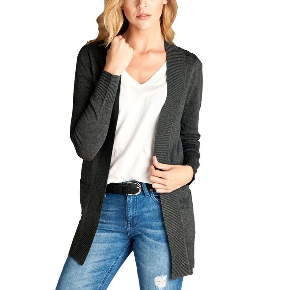 Active Basic Lightweight Open-Front Charcoal Grey Cardigan With Pockets